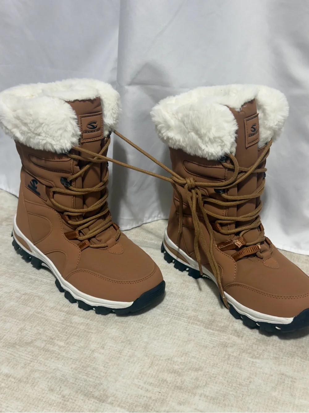 Hobibear Waterproof Winter Snow Boots Faux Fur Trim Lace Up Tan Brown